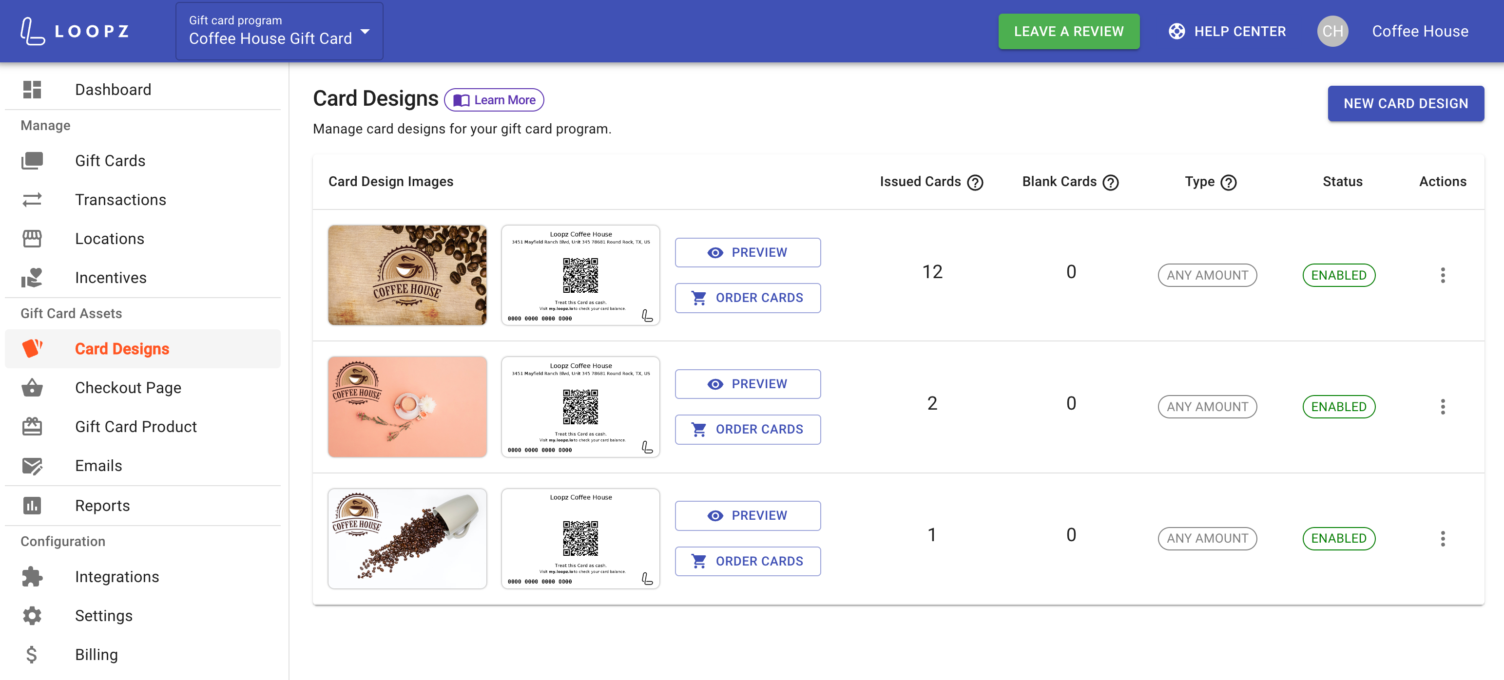 Order Cards button next to a card design on the dashboard