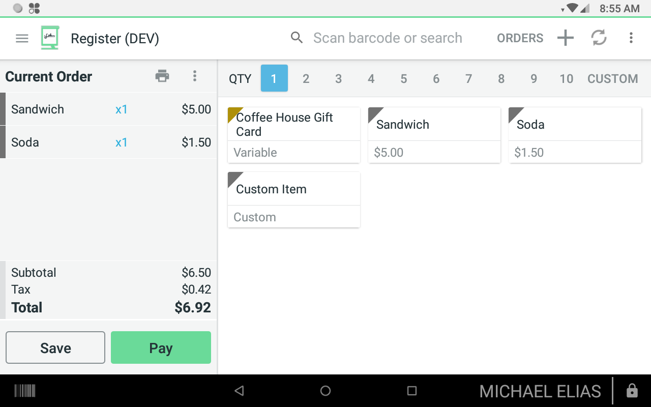 Order in the Clover Register app with the Pay button
