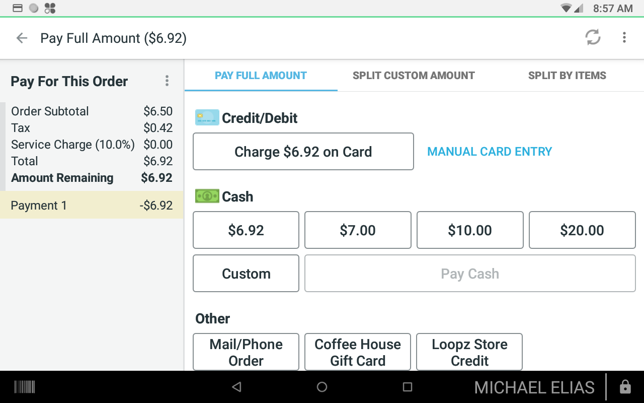 Gift card payment option in the Clover pay screen