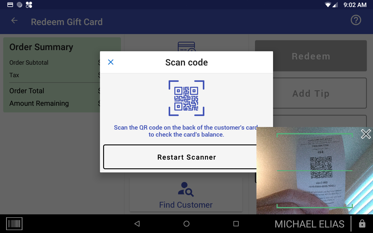 Scanning a gift card QR code with the Clover device camera