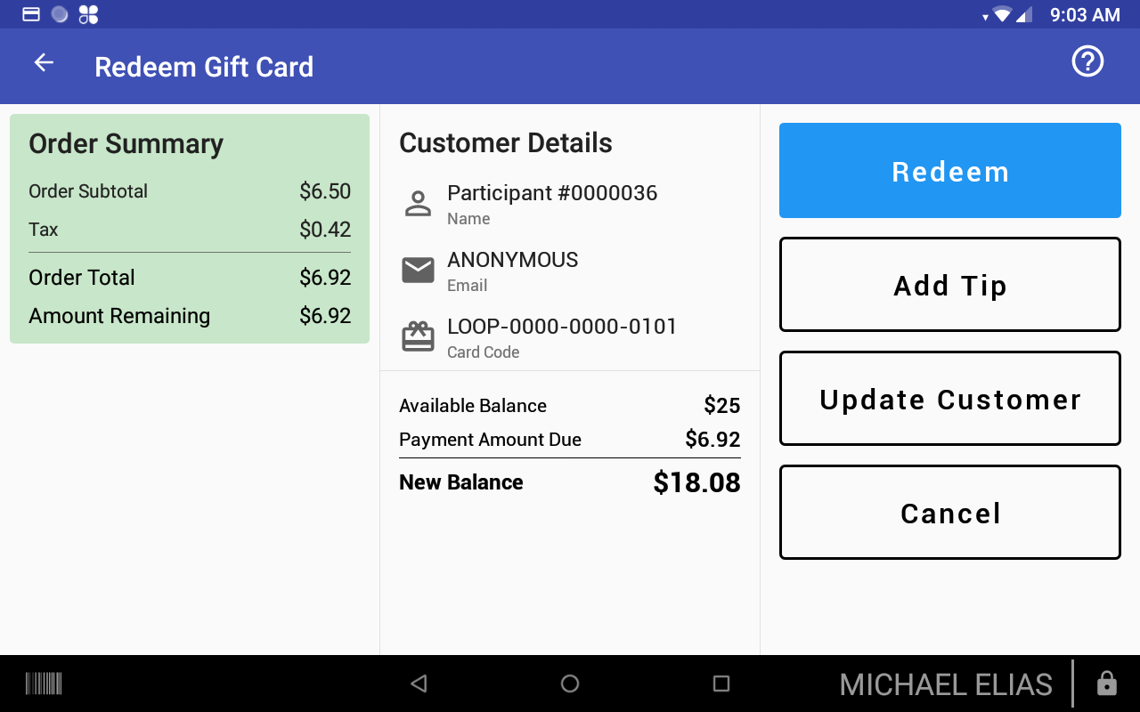 Retrieved gift card showing balance, charge amount and new balance