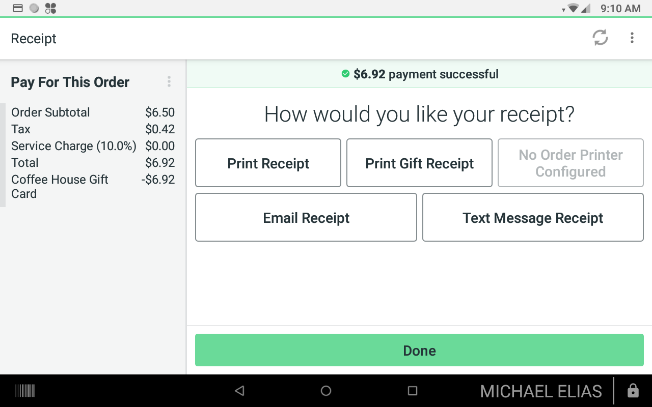 Order receipt screen showing the gift card payment
