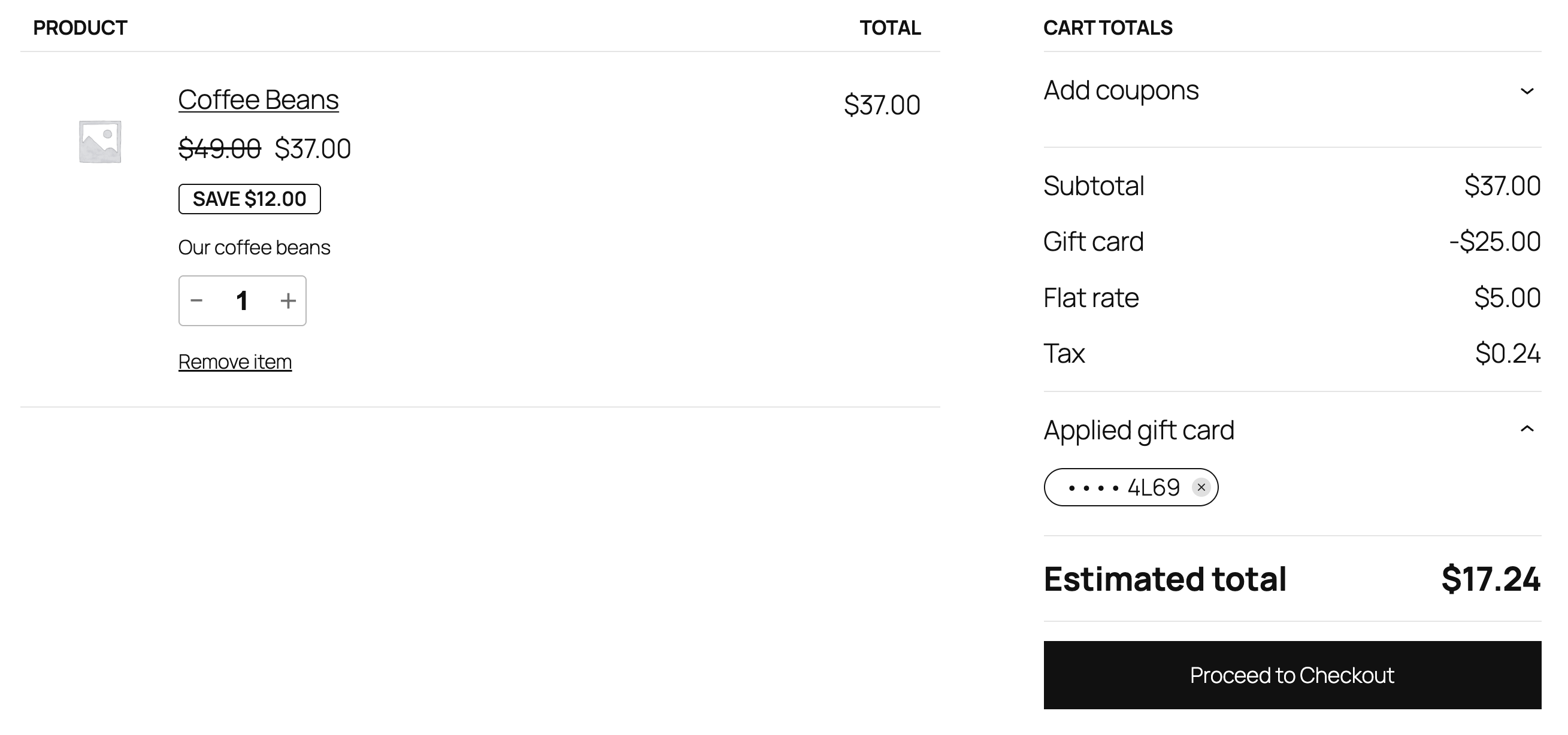 Order with a gift card balance applied