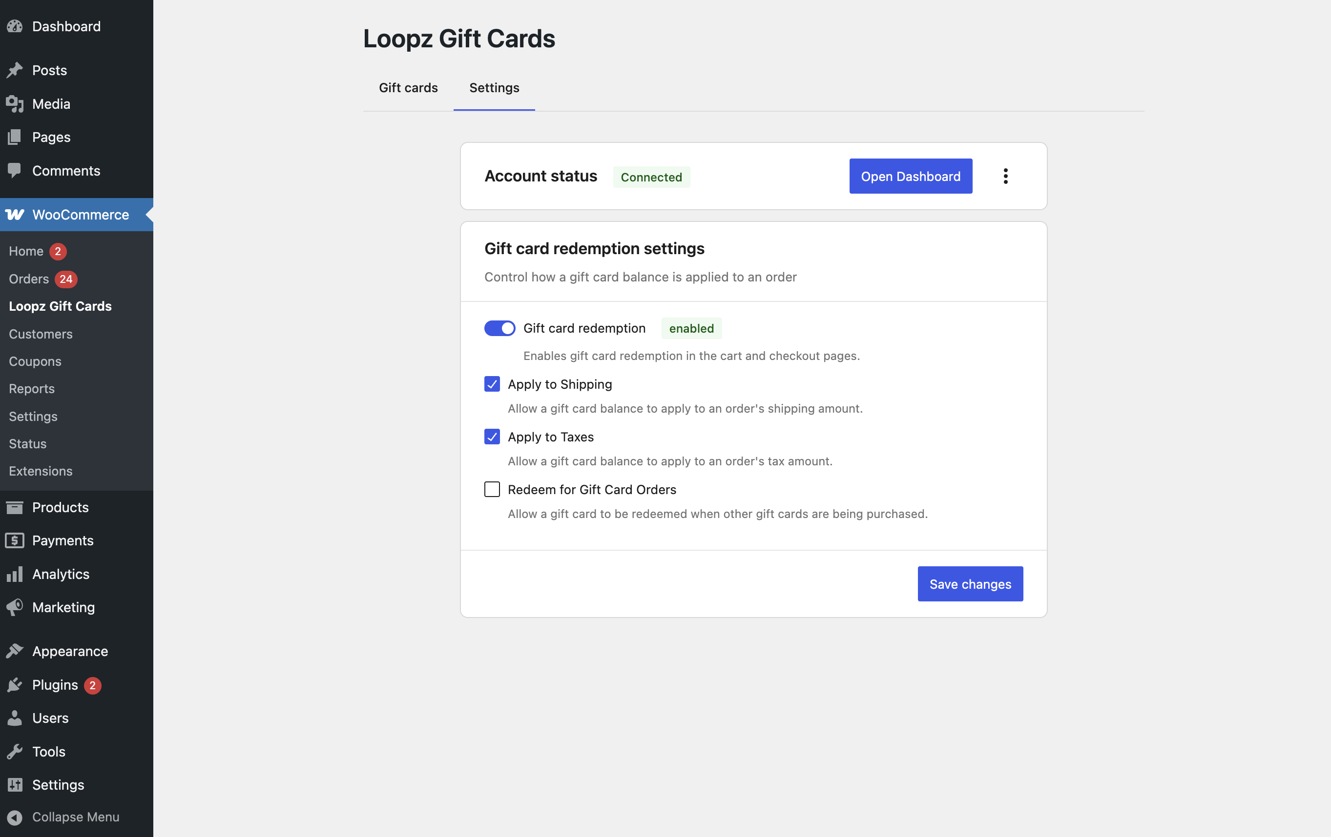 Gift card redemption settings page
