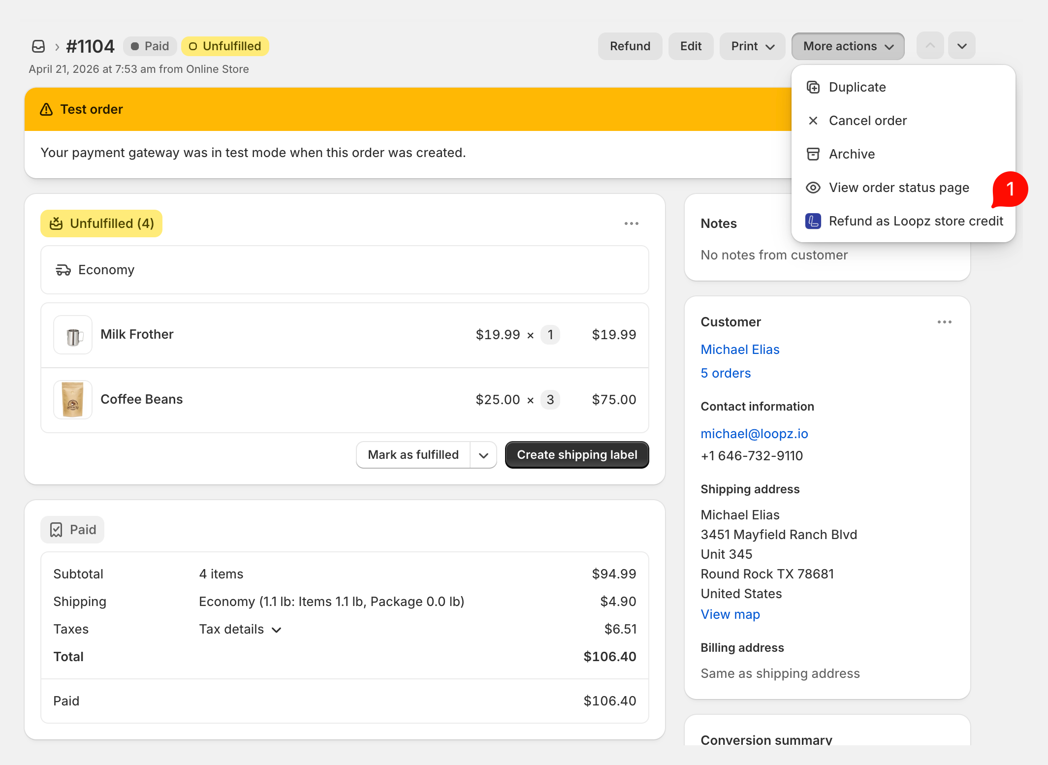 More actions menu on a Shopify order page