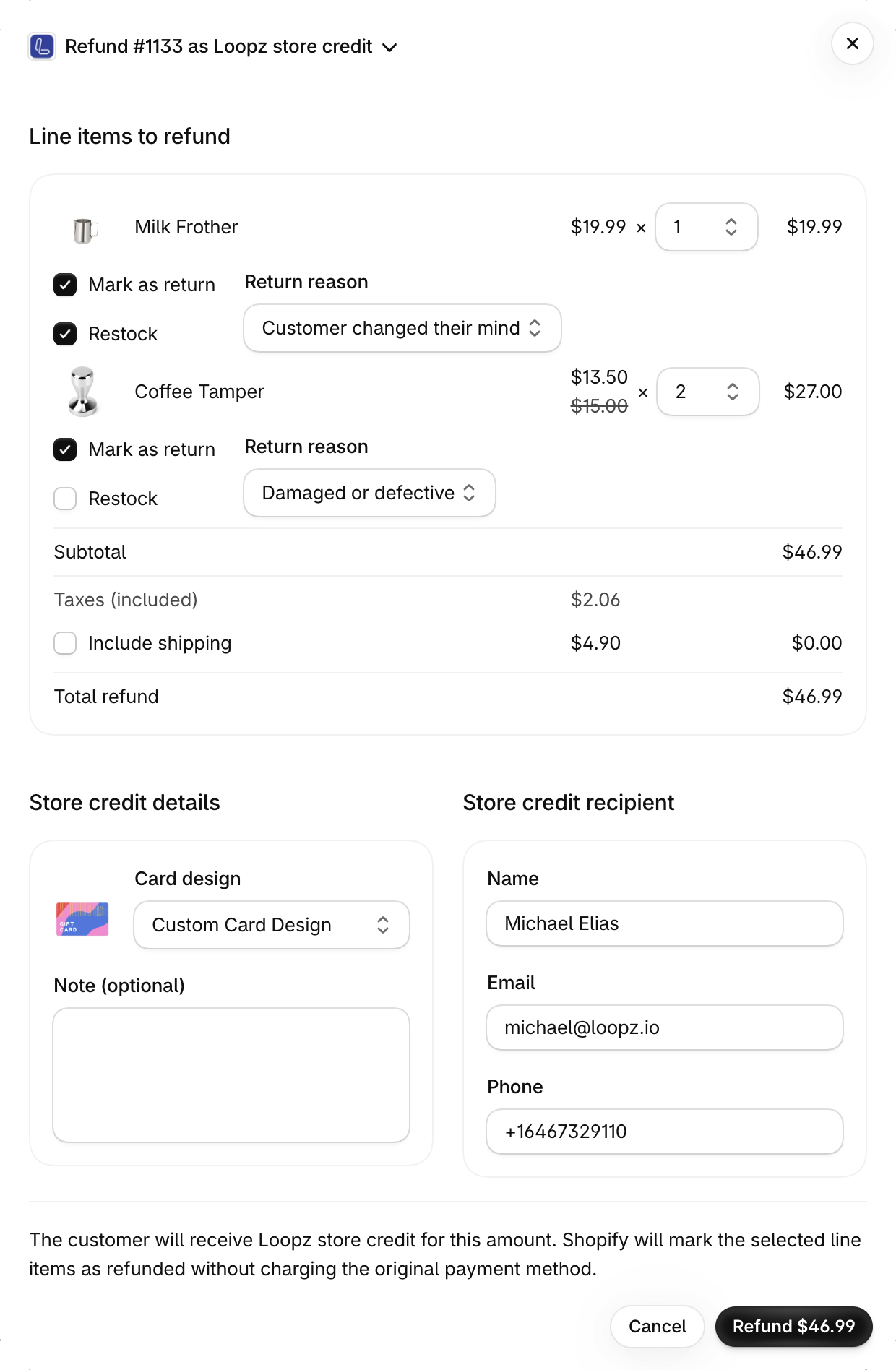 Refund dialog for a fulfilled order with Mark as return, Restock, and Return reason under each item