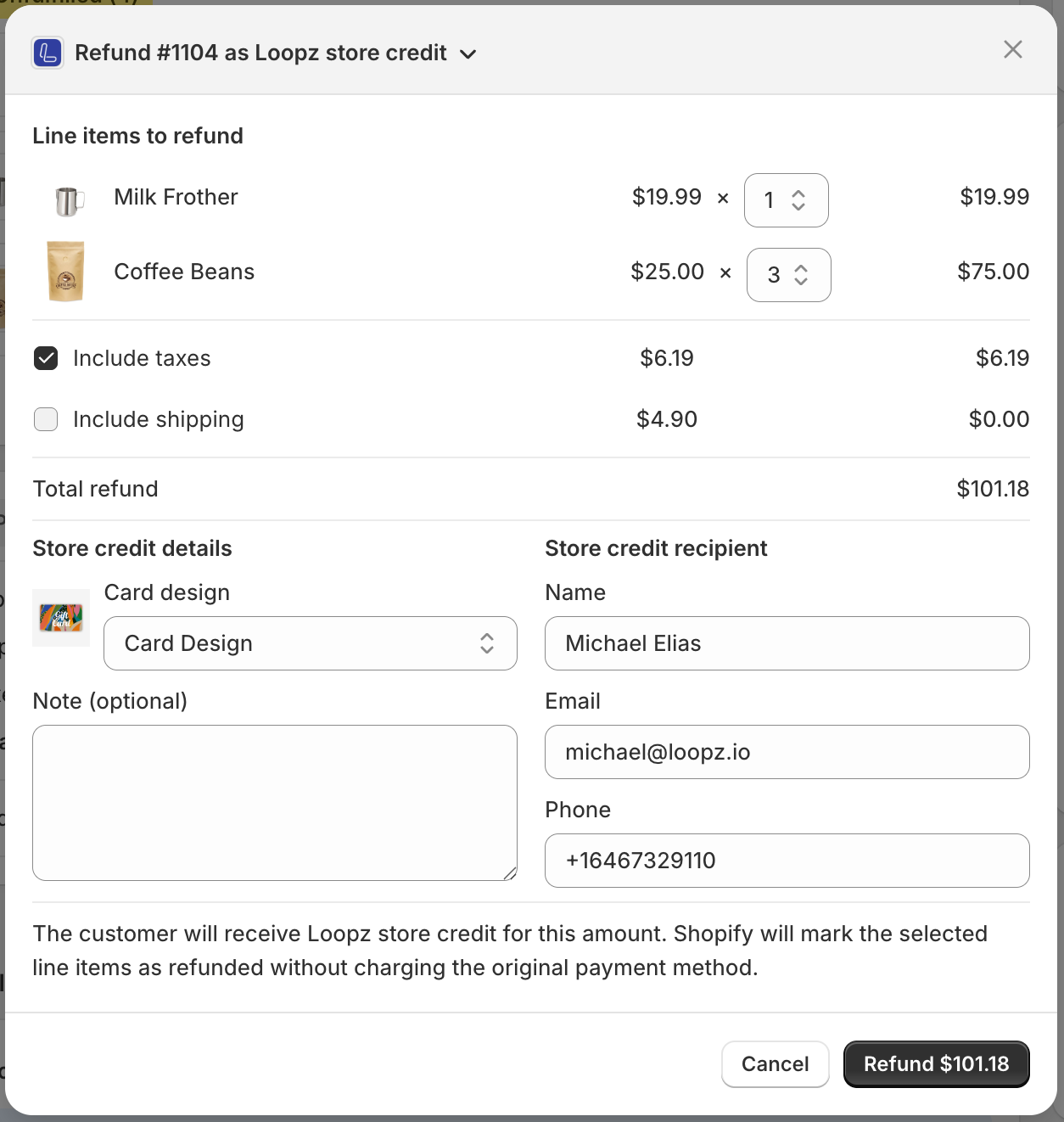 Include taxes and shipping options in the refund dialog