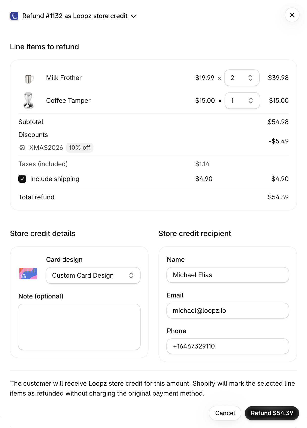 Refund dialog for an unfulfilled order with Include shipping checked and the XMAS2026 discount listed
