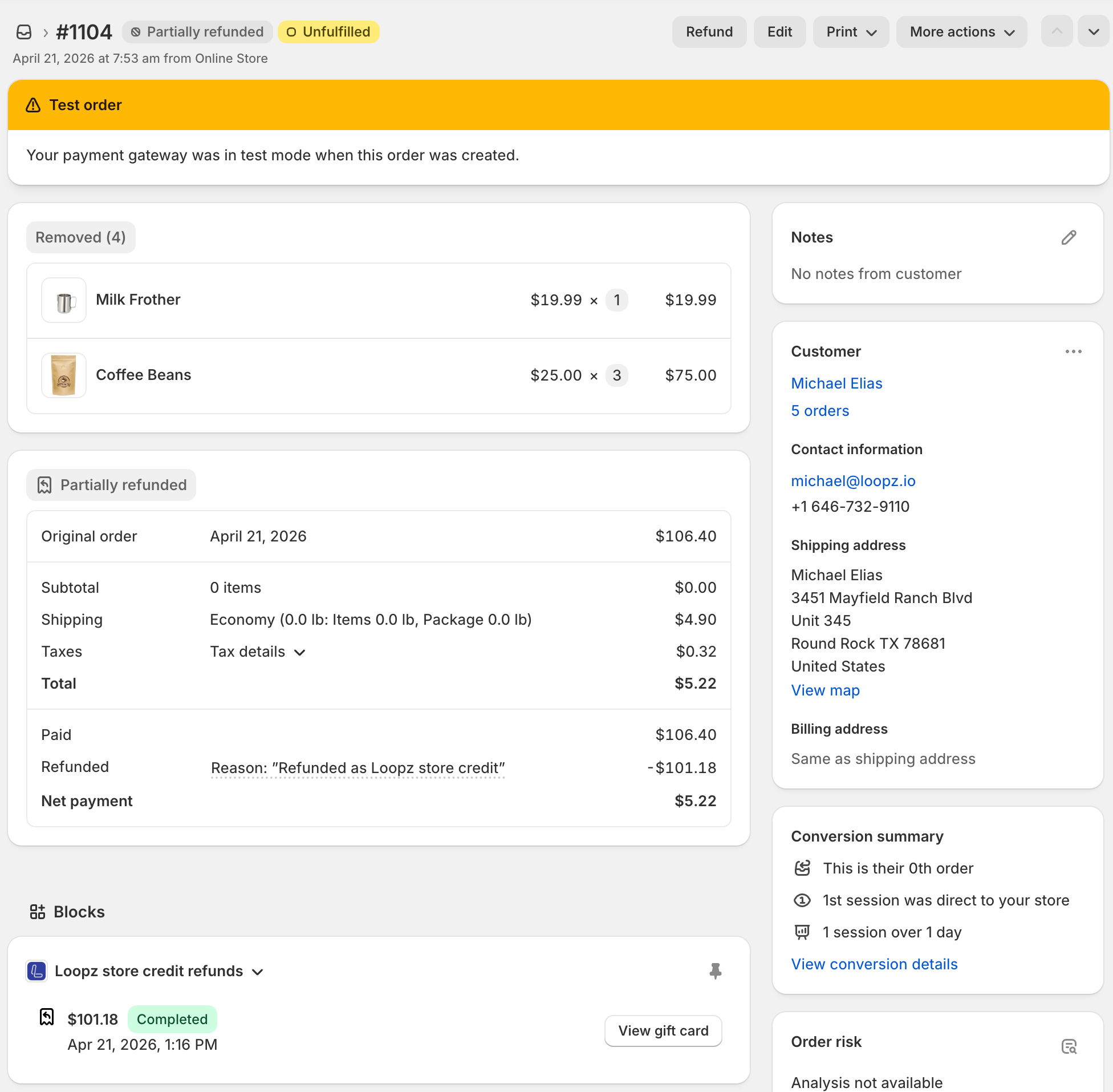 Loopz store credit refunds block on an order