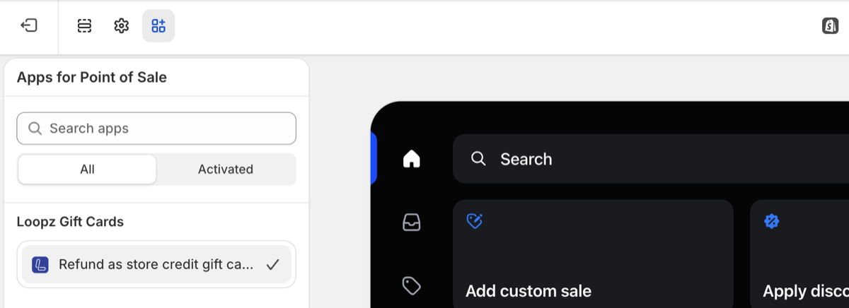 Apps for Point of Sale panel listing the Loopz refund action