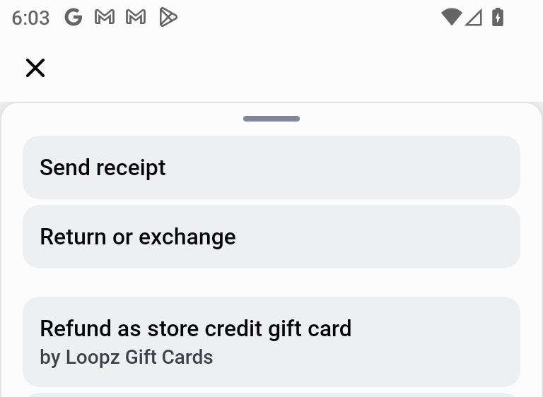 Refund as store credit gift card action on a Shopify POS order