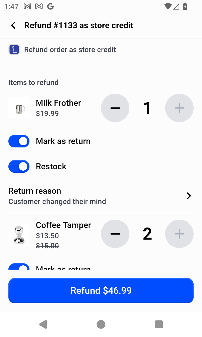 Items to refund with Mark as return, Restock, and Return reason under the Milk Frother and a discounted Coffee Tamper