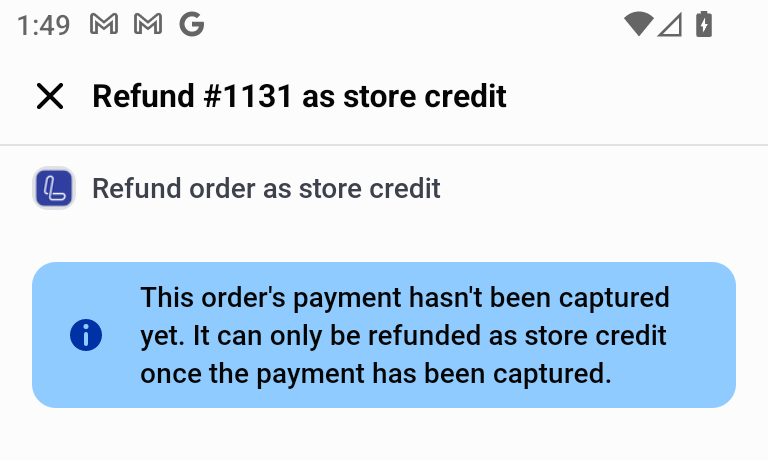 Message that the order's payment hasn't been captured yet
