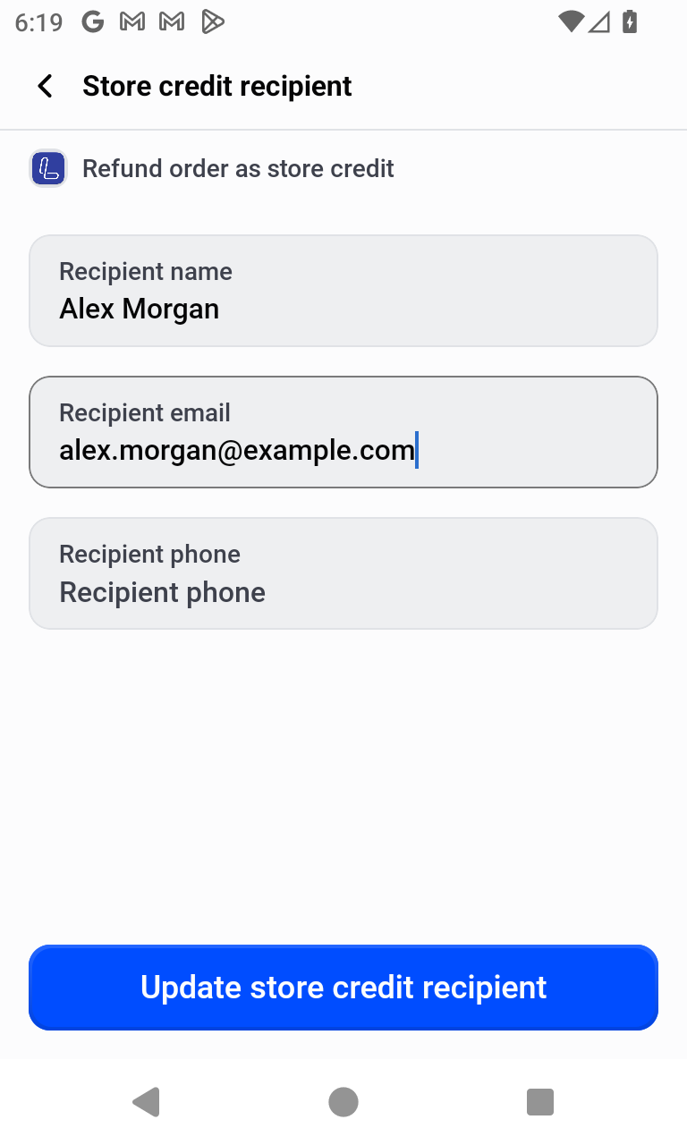 Store credit recipient details screen with name, email, and phone fields