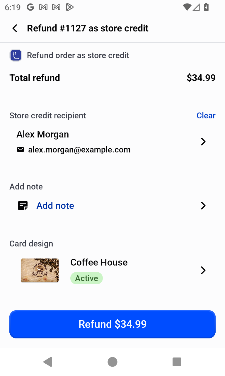 Review screen with the recipient, note, card design, and the Refund button