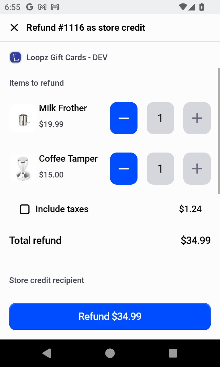 Selecting items and taxes to refund on Shopify POS