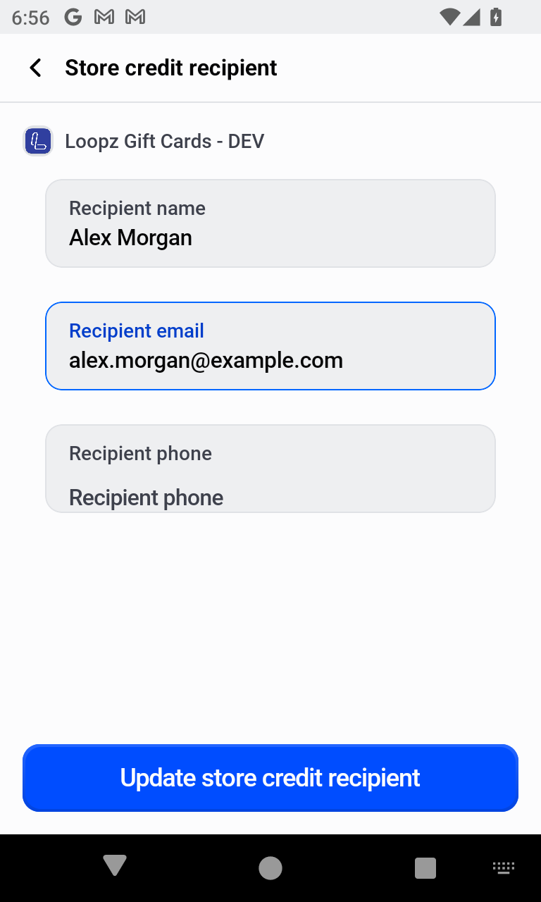 Store credit recipient details screen on Shopify POS
