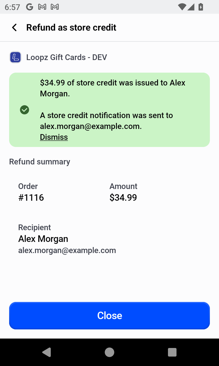 Refund confirmation screen on Shopify POS
