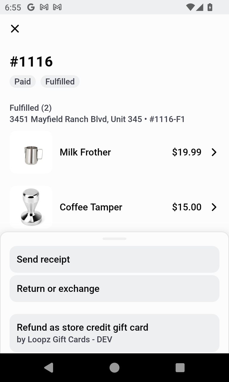 Refund as store credit gift card action on a Shopify POS order