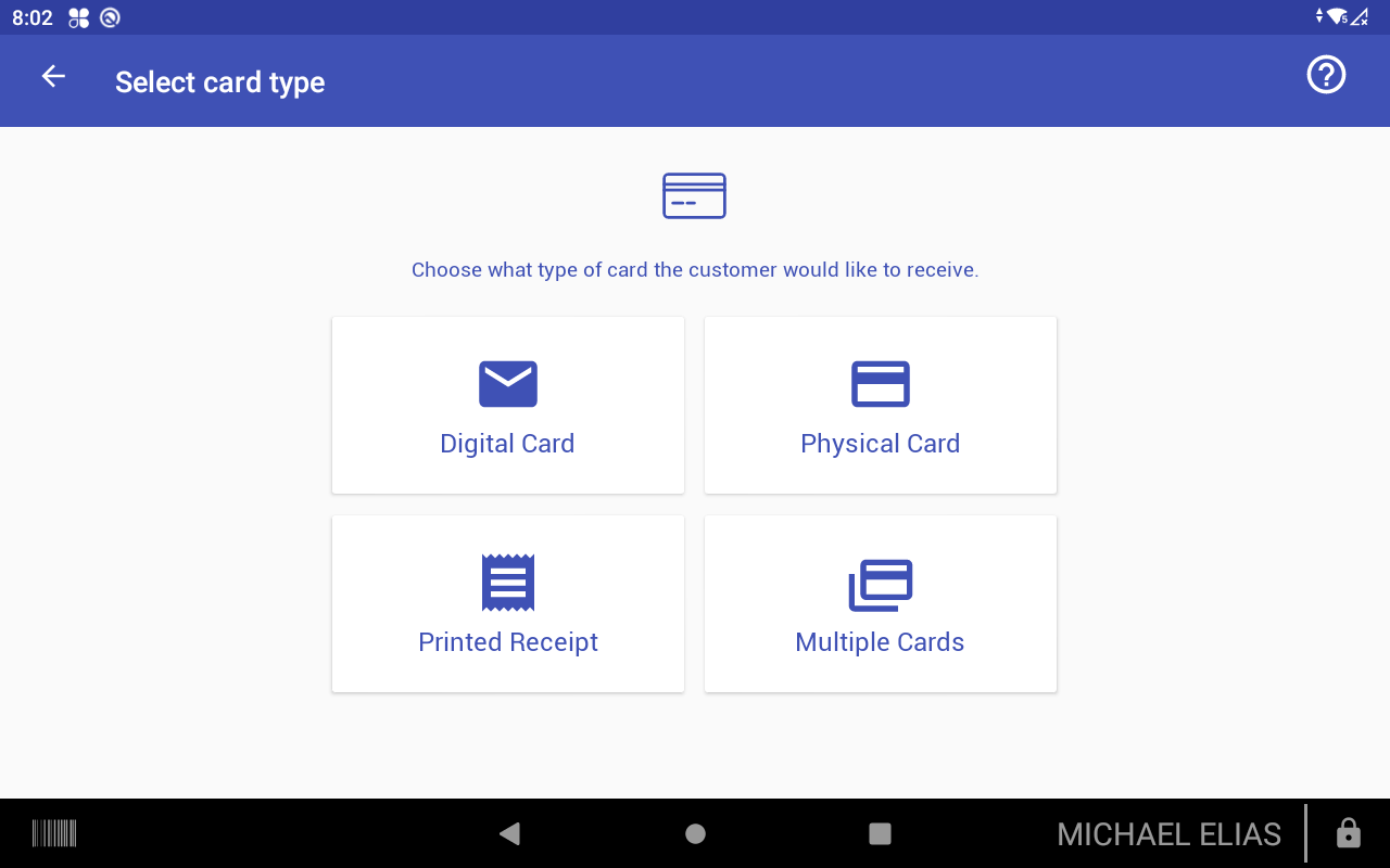 Card type selection screen in the Gift Cards app