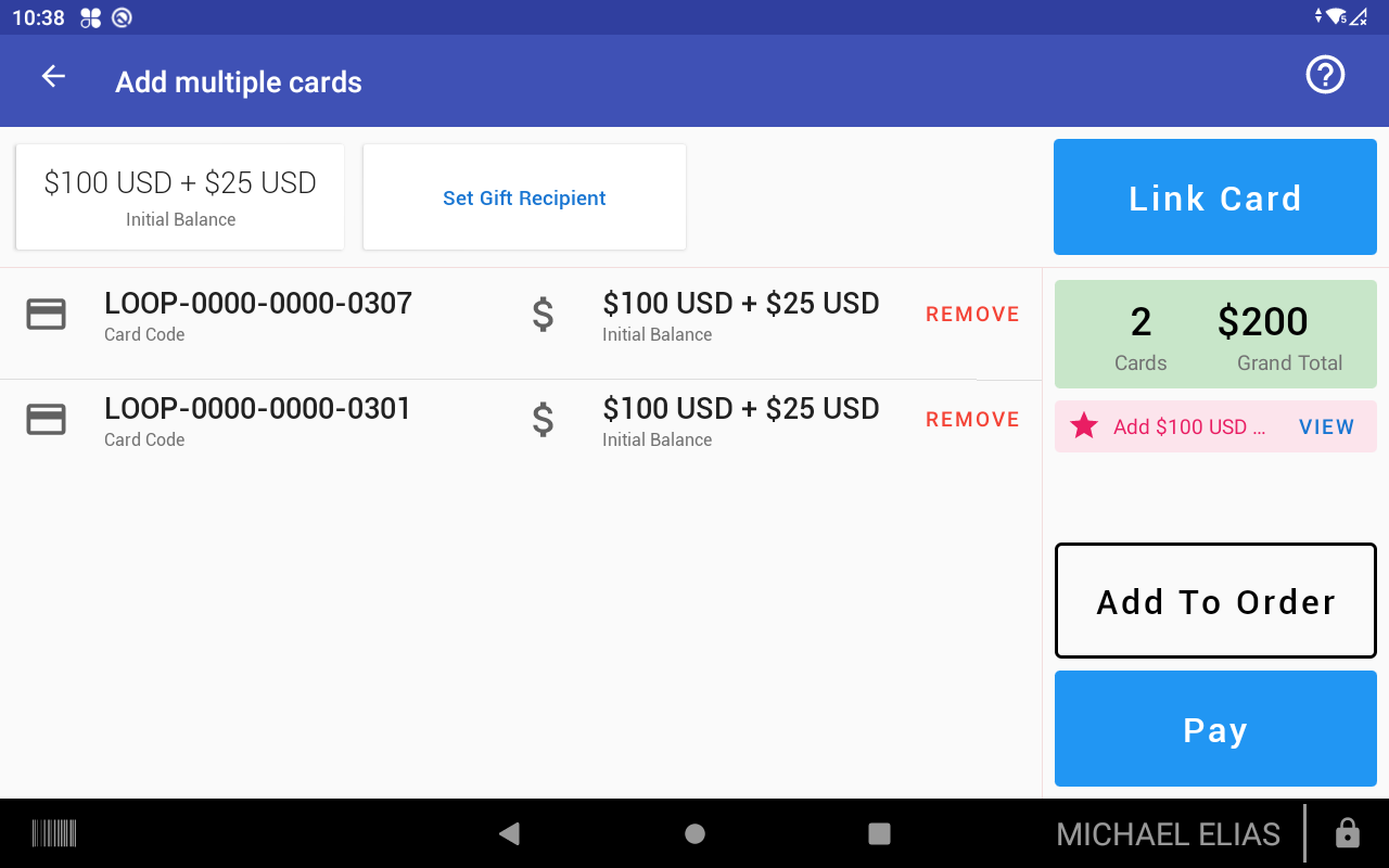 Multiple physical cards screen with running total of linked cards