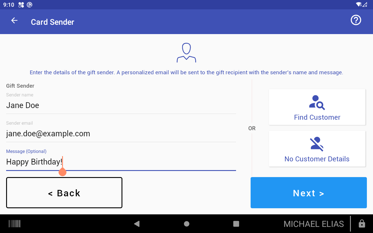 Gift sender details screen
