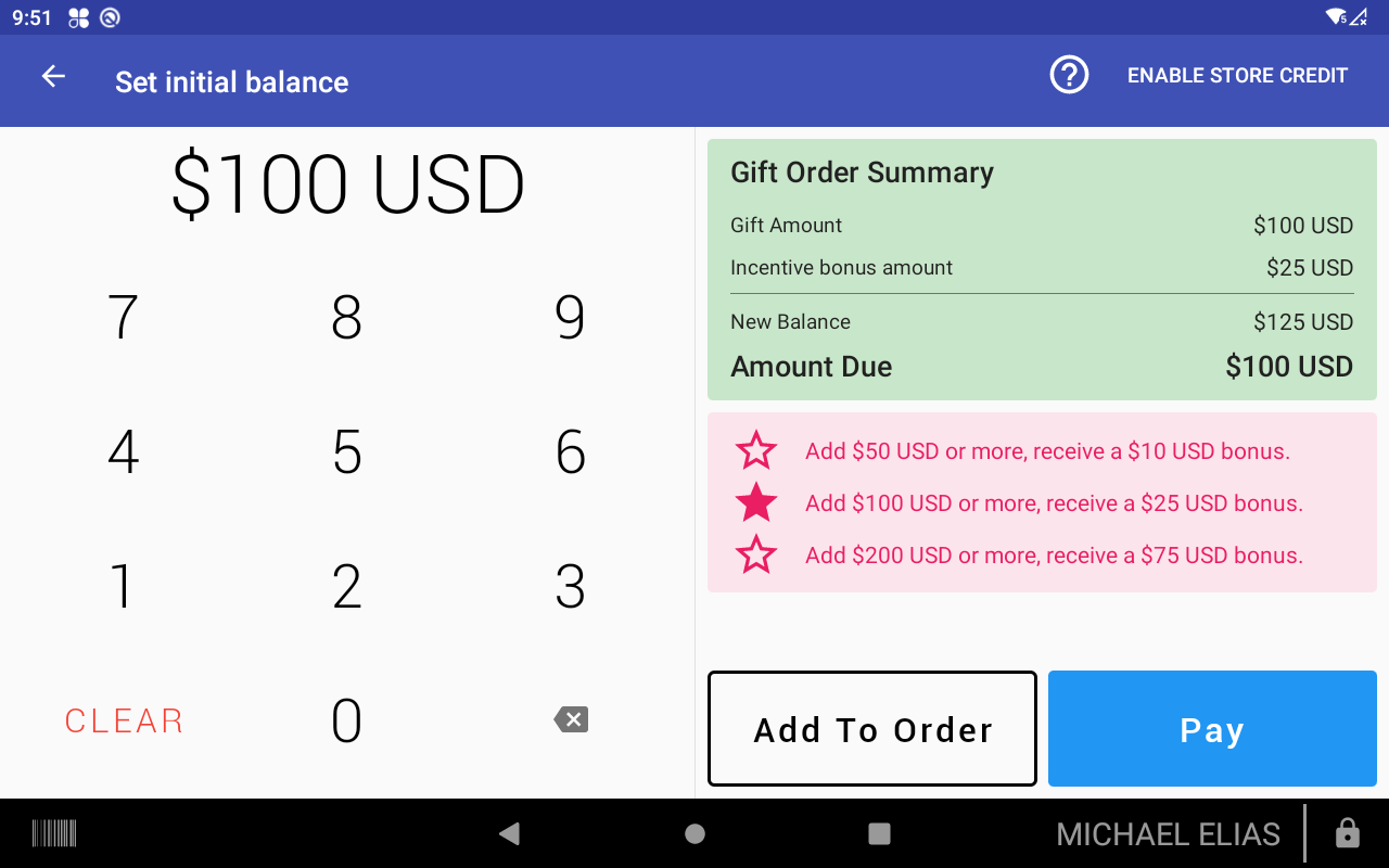 Set the gift card amount with Pay and Add to Order options
