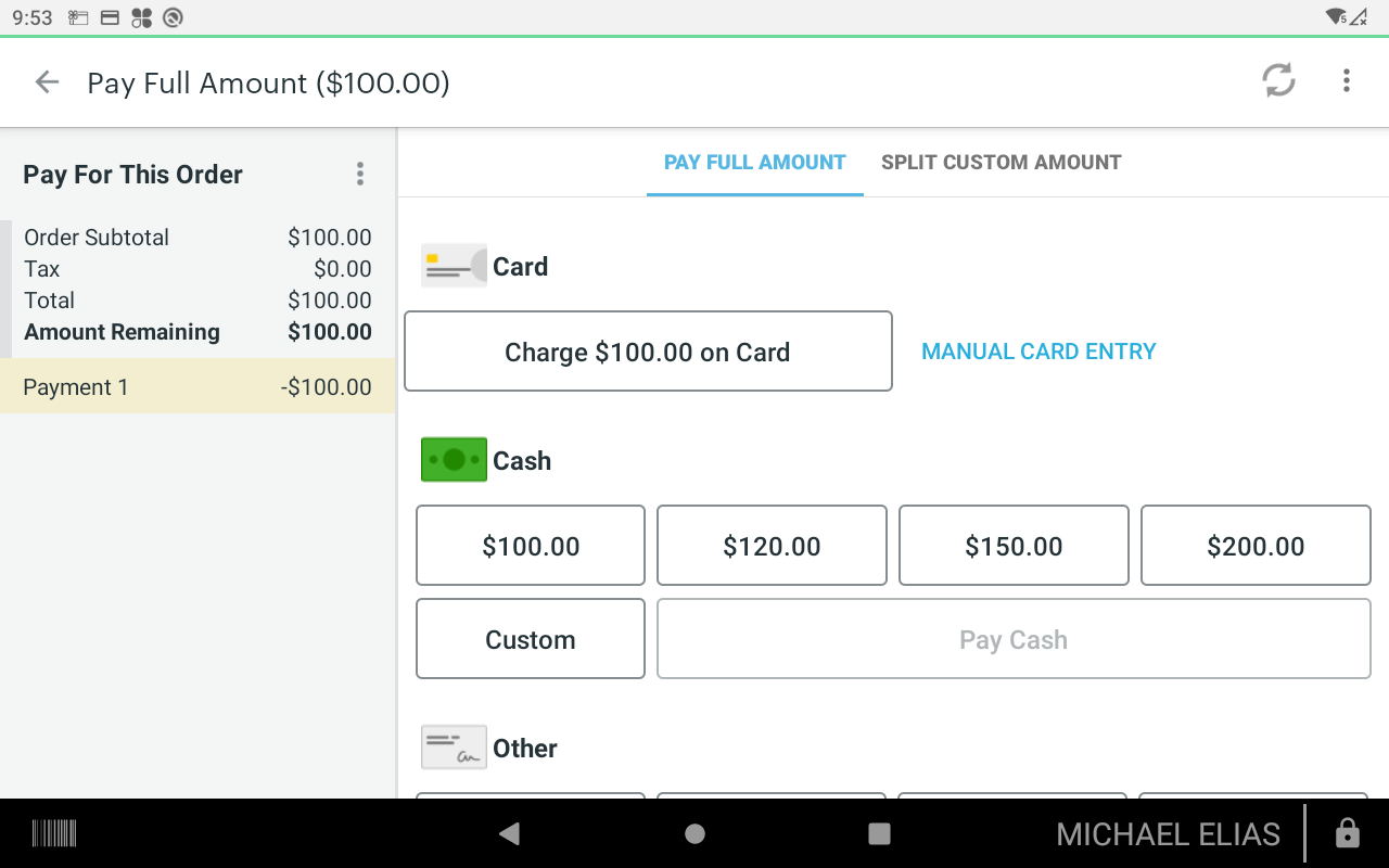 Clover payment screen for the gift card order