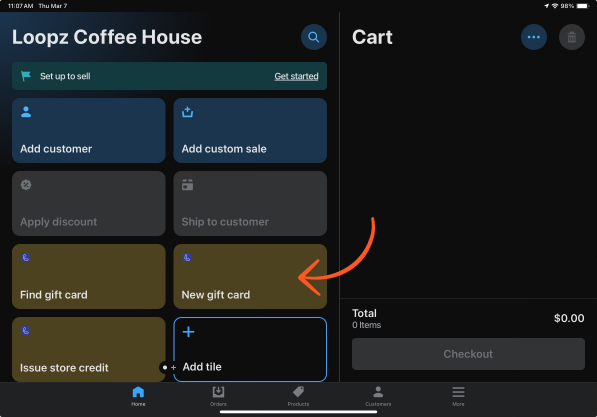 New gift card tile on the Shopify POS home screen