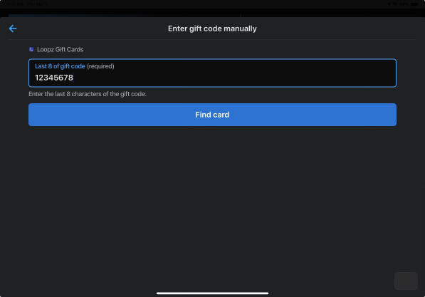 Entering the card number of a blank physical gift card