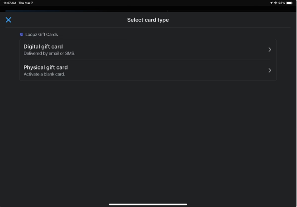 Selecting the gift card type on Shopify POS