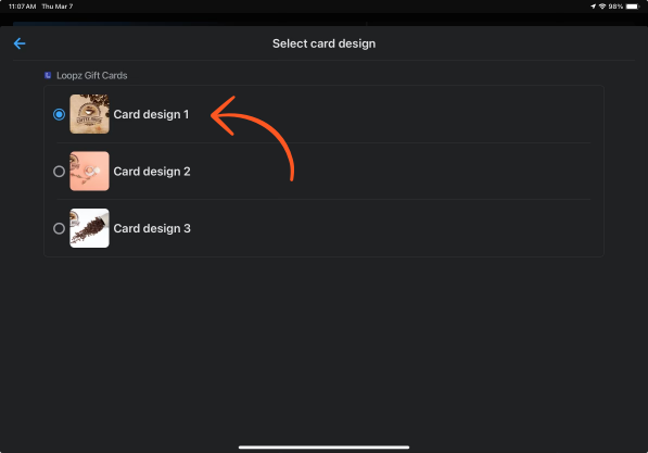 Selecting a card design for the digital gift card