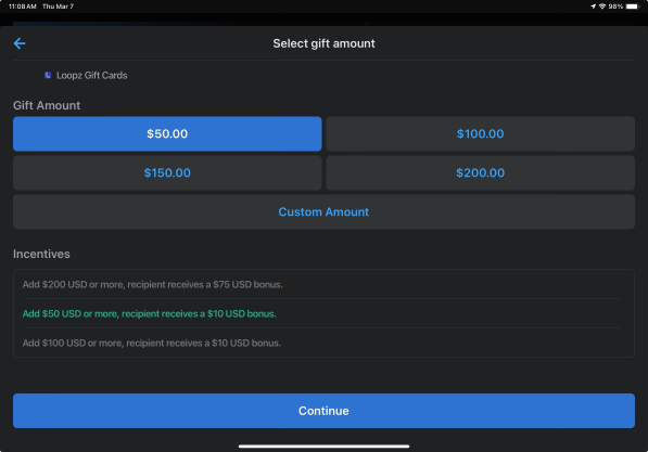 Entering the gift amount with preset amounts and incentives