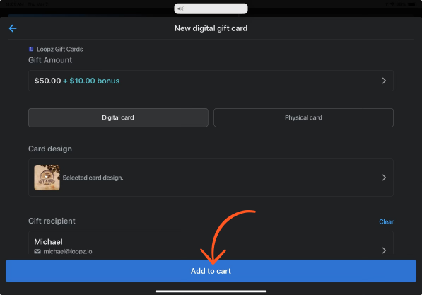 Gift card overview screen on Shopify POS