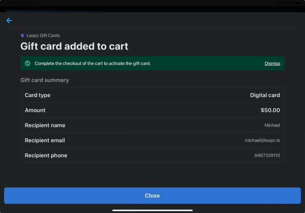 Gift card added to the Shopify POS cart