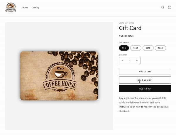 Animation of the gift card purchase flow on a Shopify store