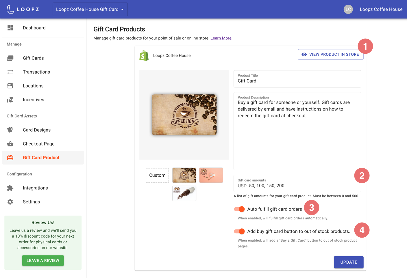 Gift card product configuration on the Loopz dashboard