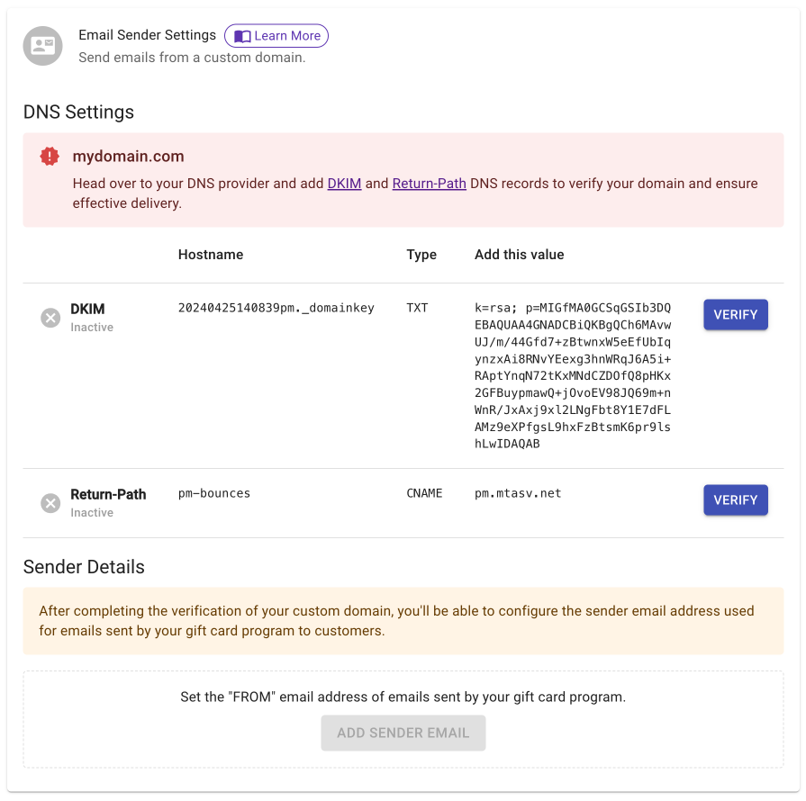 DNS records to add for domain verification