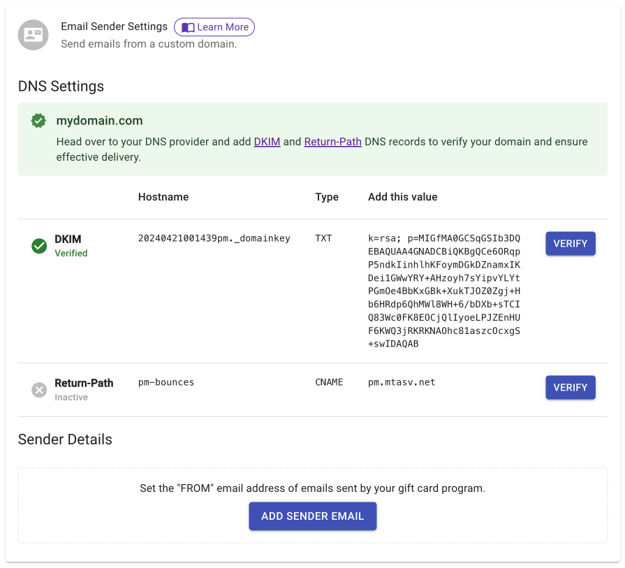 Add sender email form with email address and from name