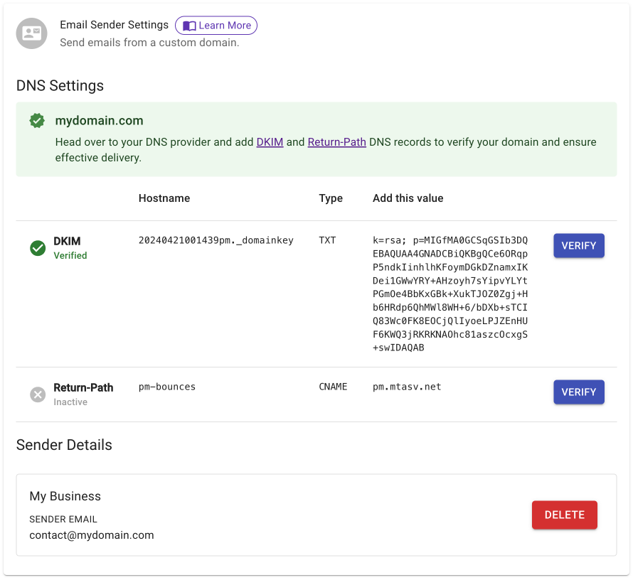 Configured sender email shown on the settings screen
