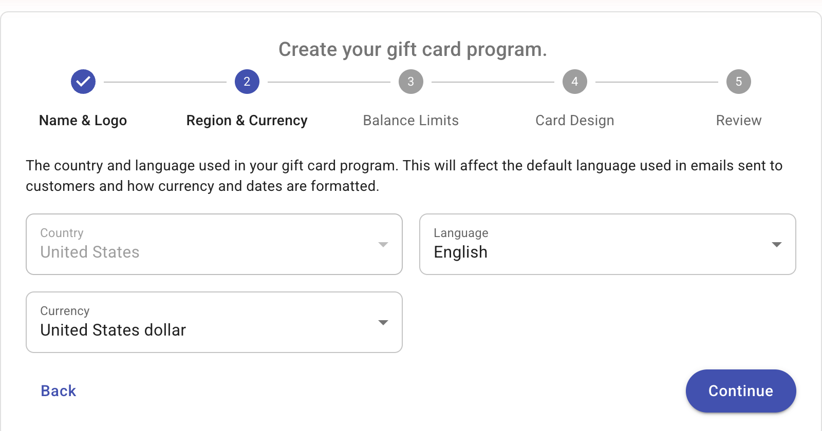 Region and currency step with country, language, and currency selectors