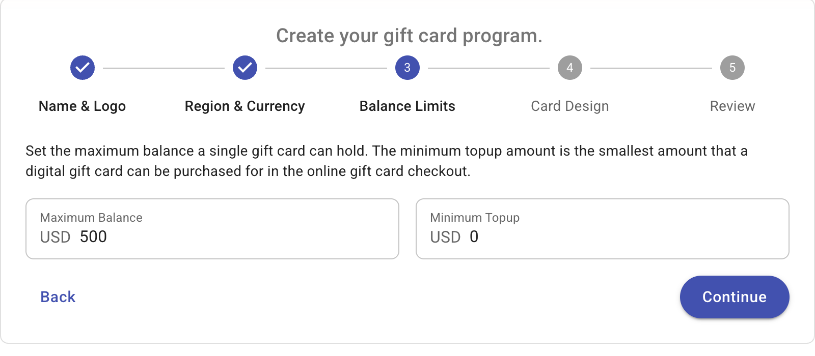 Balance limits step with maximum balance and minimum topup fields
