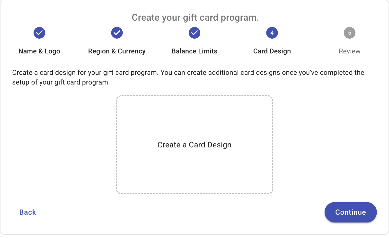 Card design step with the Create a Card Design box