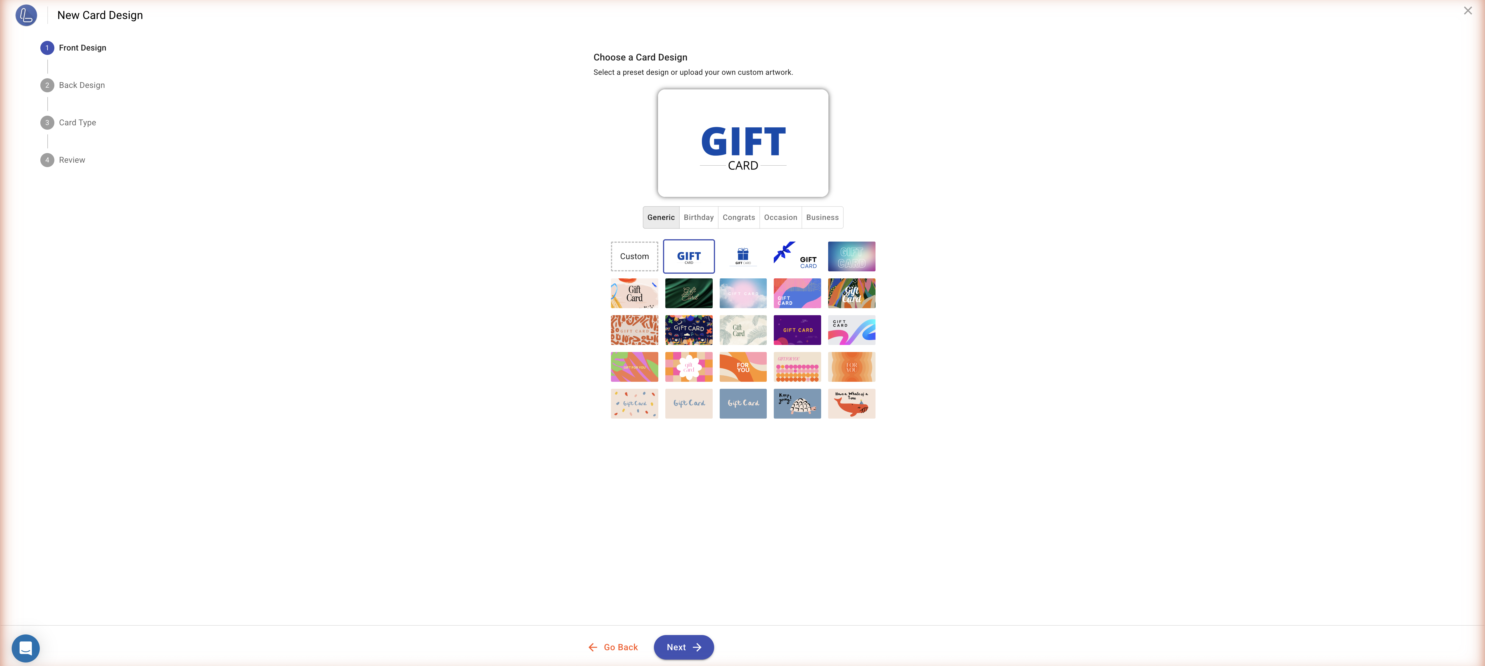 Front design picker with preset gallery and categories