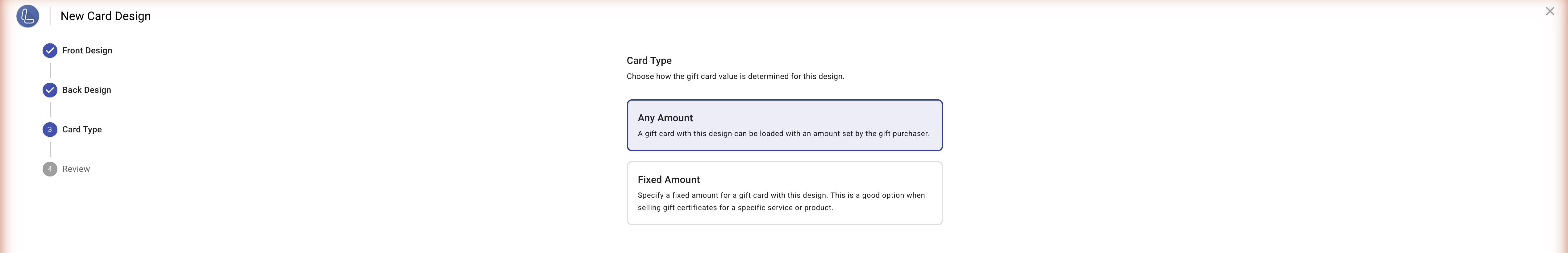 Card type selection with Any Amount and Fixed Amount options