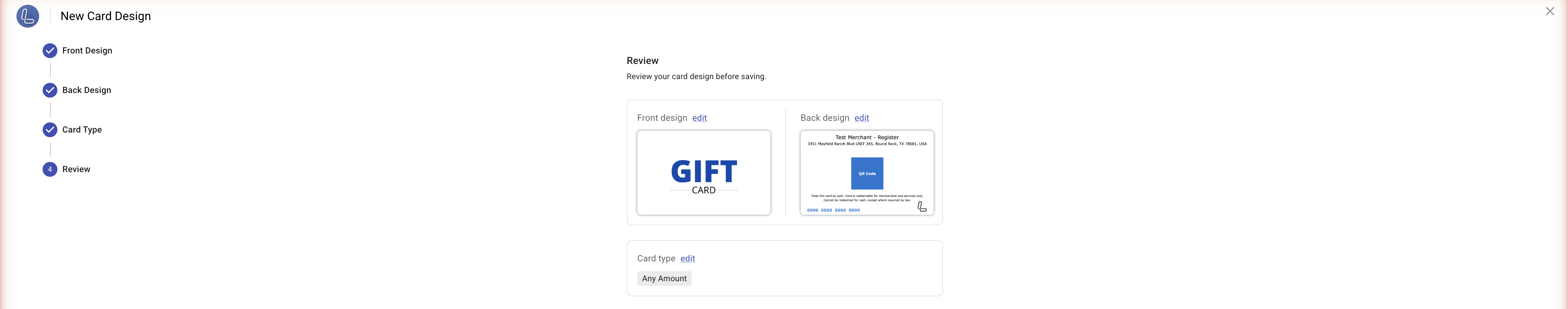 Card design review step summarizing front, back, and card type