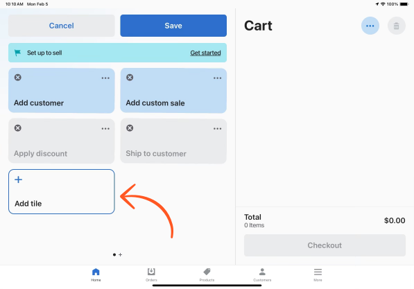 Add Tile button on the Shopify POS home screen