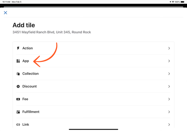 App list item in the Shopify POS add tile menu