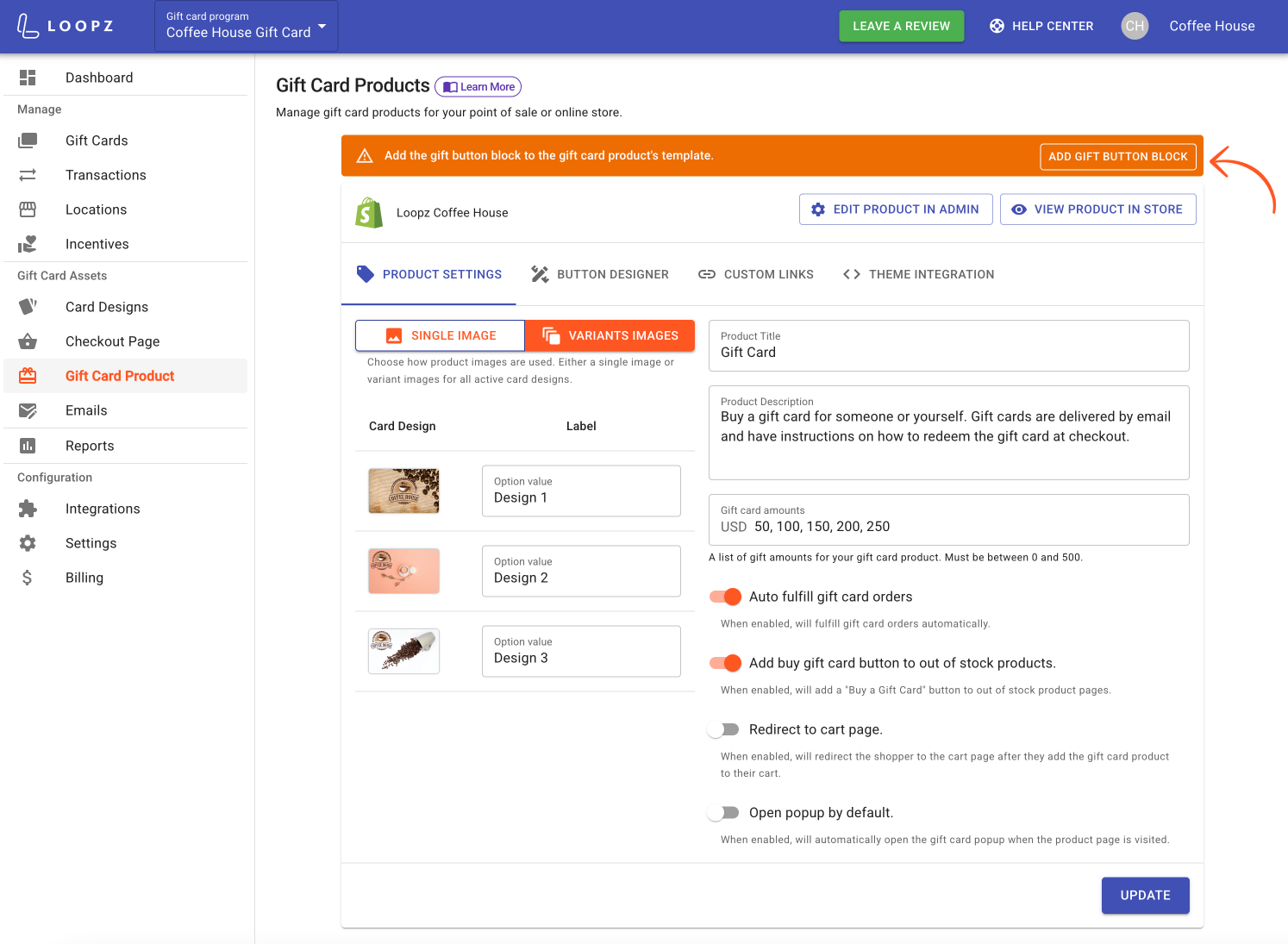 Add gift button block button on the Loopz dashboard