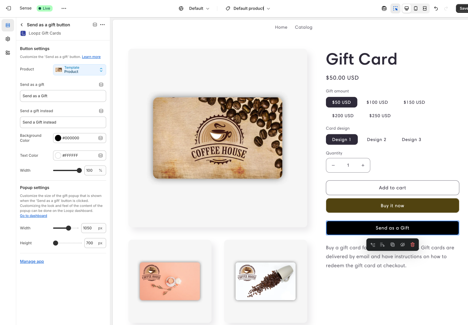 Send as a Gift button block in the Shopify theme editor